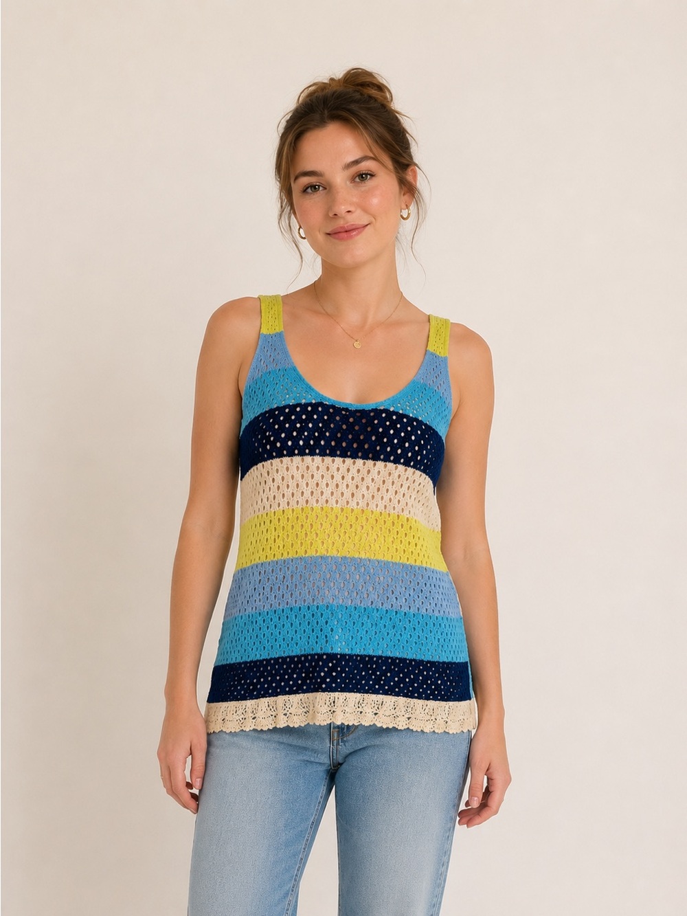 Design 365 Crocheted Blue, Yellow, & White Tank Top Size L